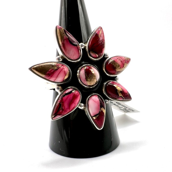 Sterling Silver 925 Red Rose Dahlia Turquoise Flower Statement Ring Size 10 - Picture 2 of 9